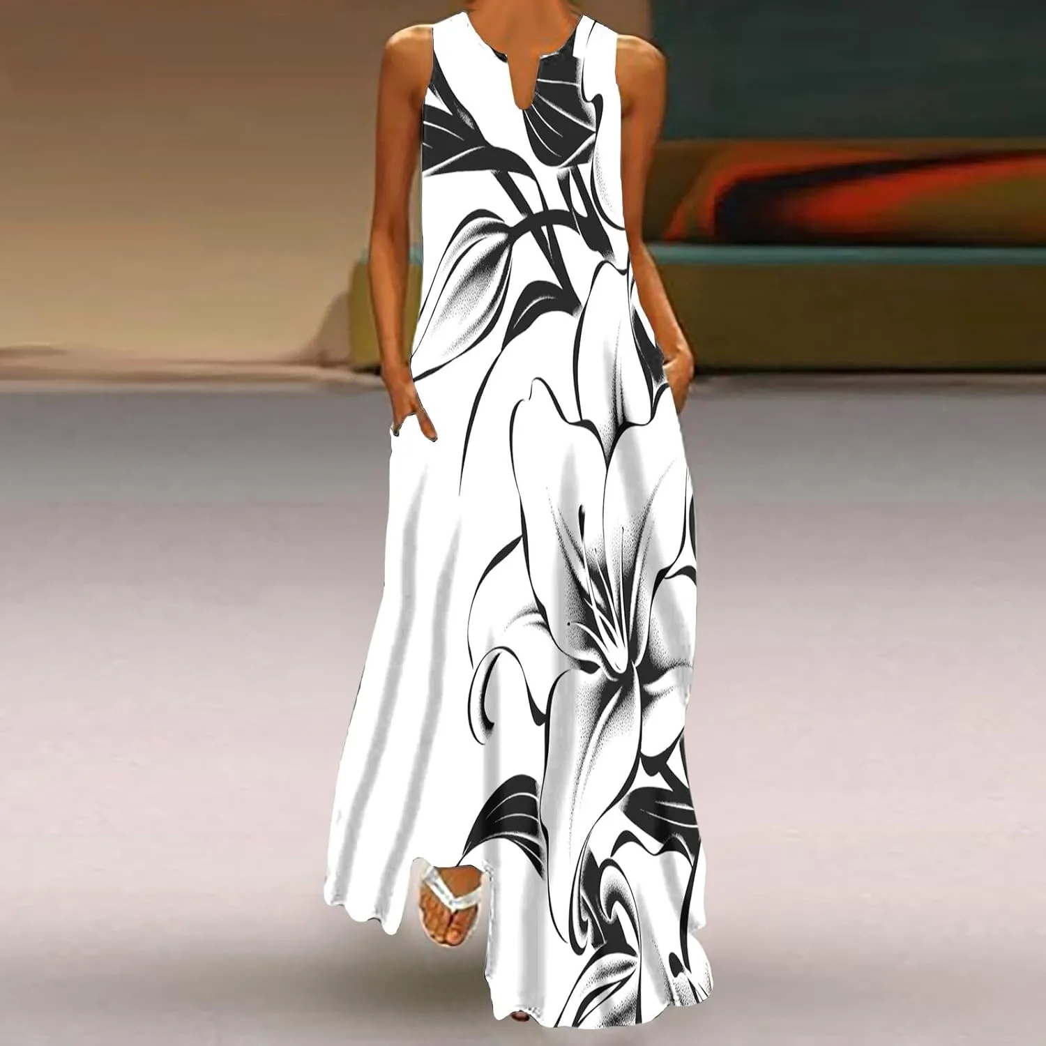 Womens Sleeveless Trendy Sundress Flower Pattern Print Maxi Dress Loose Fit Casual Vintage Summer Dresses