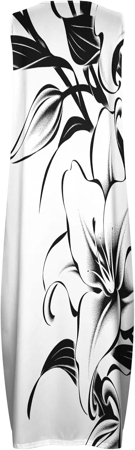 Womens Sleeveless Trendy Sundress Flower Pattern Print Maxi Dress Loose Fit Casual Vintage Summer Dresses