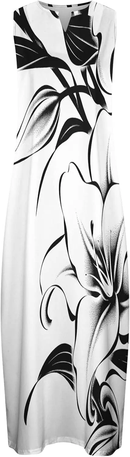 Womens Sleeveless Trendy Sundress Flower Pattern Print Maxi Dress Loose Fit Casual Vintage Summer Dresses