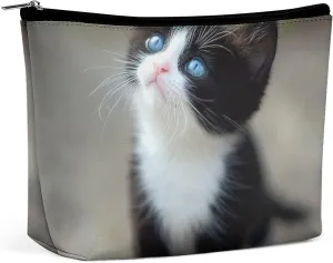 Women's Small Makeup Bag for Purse, Portable Make Up Pouch Waterproof Pu Leather Cosmetic Organizer Black And White Cute Black Cat Zipper Toiletry Bag