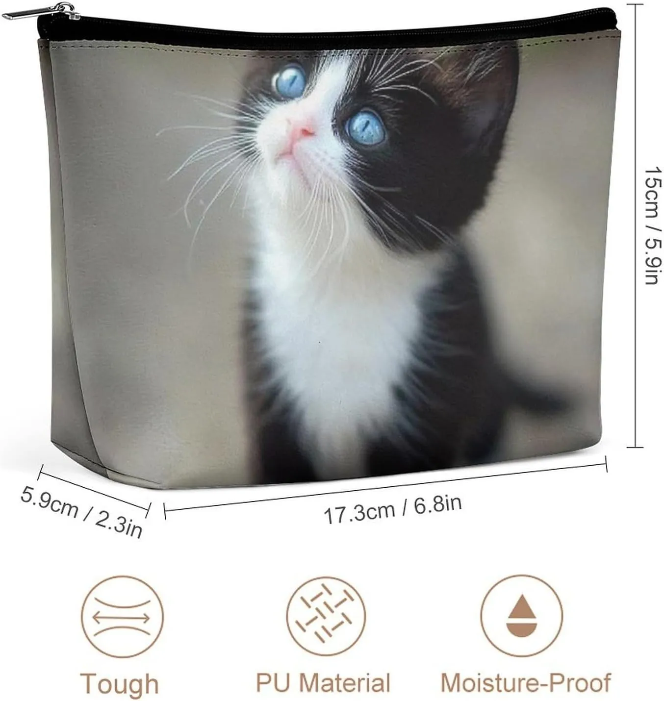 Women's Small Makeup Bag for Purse, Portable Make Up Pouch Waterproof Pu Leather Cosmetic Organizer Black And White Cute Black Cat Zipper Toiletry Bag