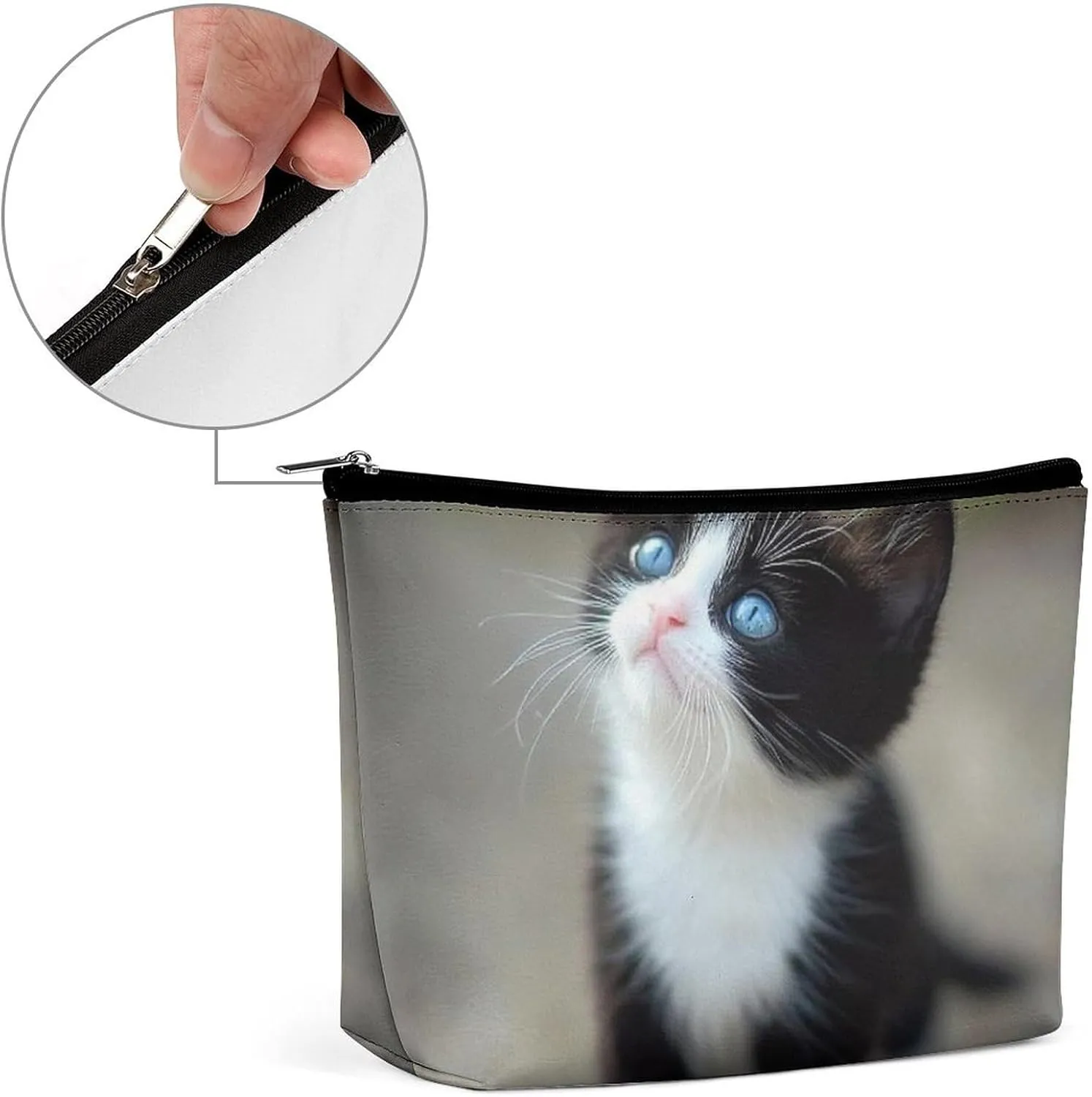 Women's Small Makeup Bag for Purse, Portable Make Up Pouch Waterproof Pu Leather Cosmetic Organizer Black And White Cute Black Cat Zipper Toiletry Bag