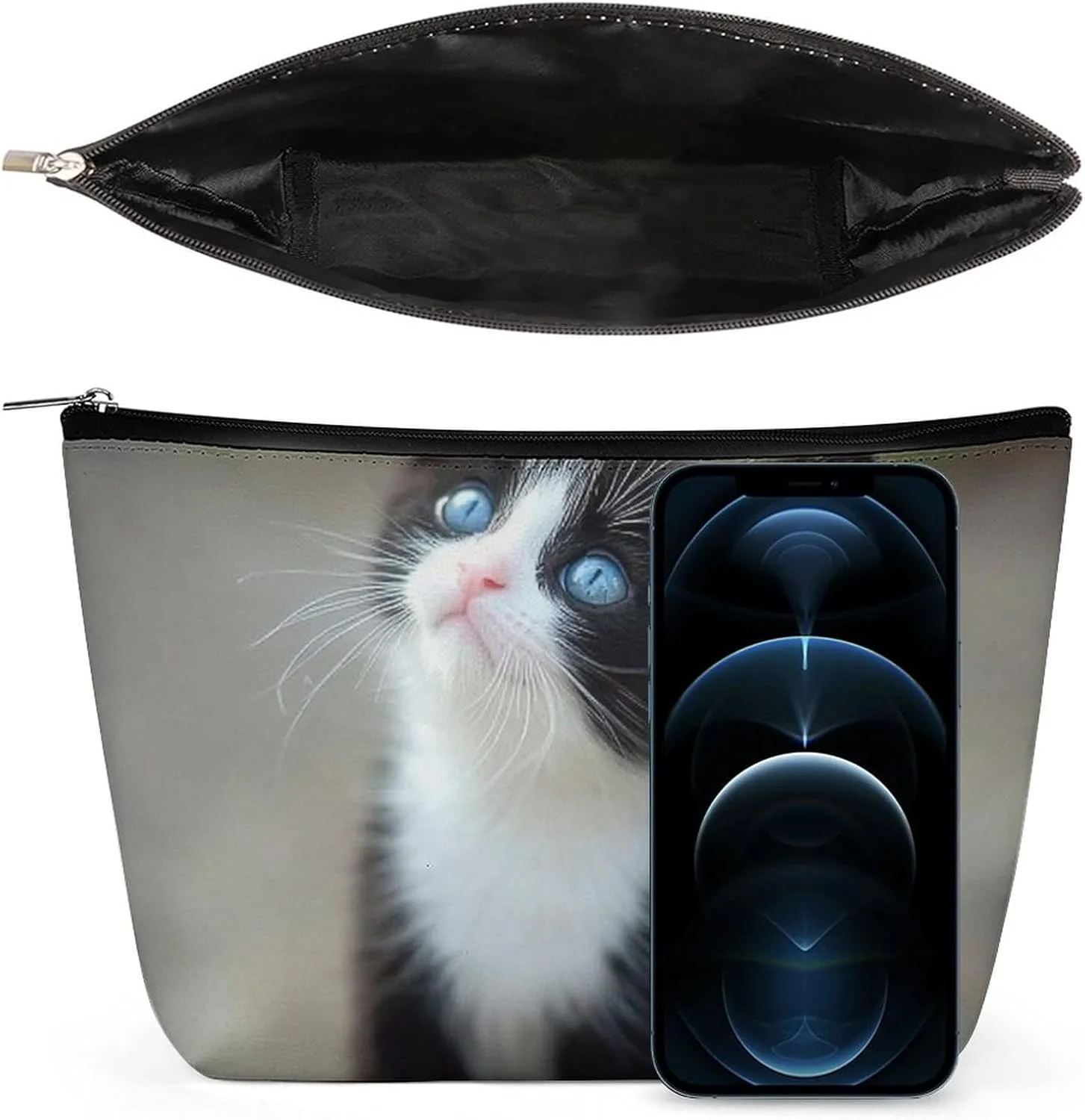 Women's Small Makeup Bag for Purse, Portable Make Up Pouch Waterproof Pu Leather Cosmetic Organizer Black And White Cute Black Cat Zipper Toiletry Bag