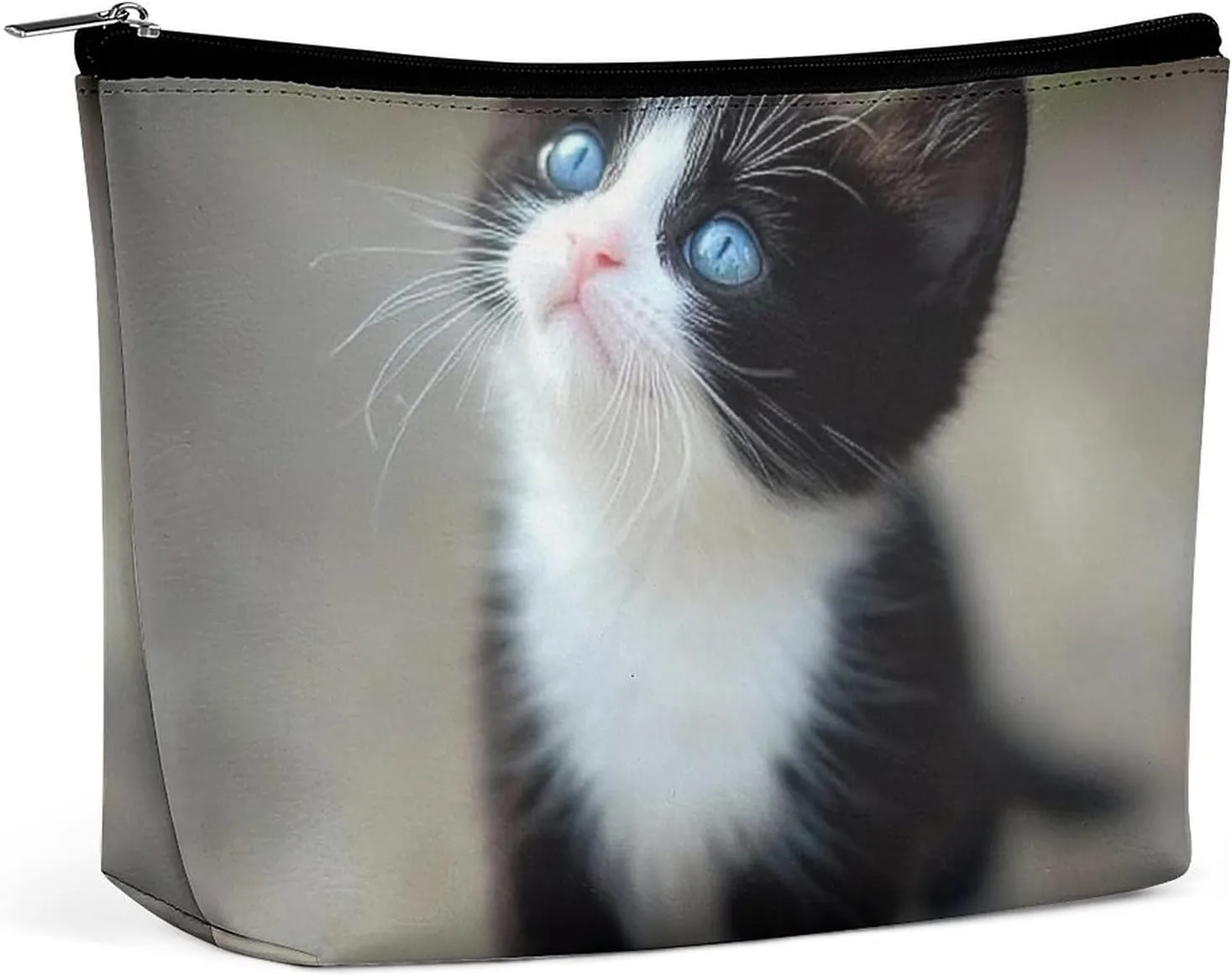 Women's Small Makeup Bag for Purse, Portable Make Up Pouch Waterproof Pu Leather Cosmetic Organizer Black And White Cute Black Cat Zipper Toiletry Bag