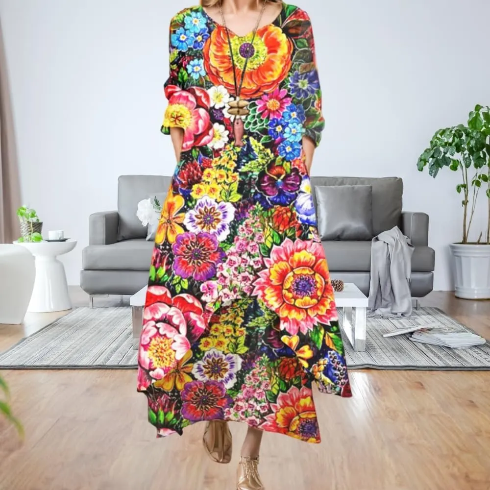 Women's Spring Linen Boho Floral Fake 2 Piece Irregular Hem Maxi Dress Summer Crewneck 3/4 Sleeve Dresses with Pocket