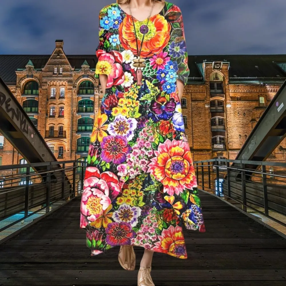Women's Spring Linen Boho Floral Fake 2 Piece Irregular Hem Maxi Dress Summer Crewneck 3/4 Sleeve Dresses with Pocket