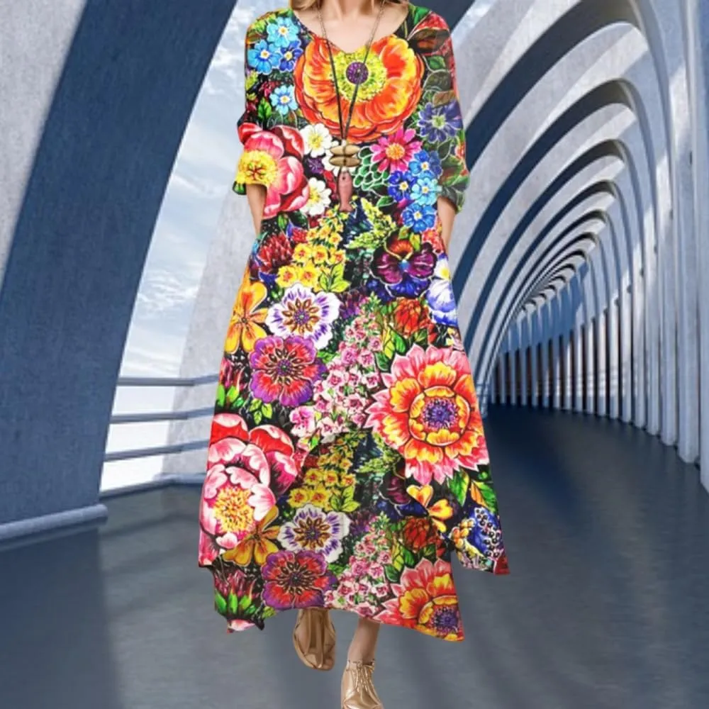 Women's Spring Linen Boho Floral Fake 2 Piece Irregular Hem Maxi Dress Summer Crewneck 3/4 Sleeve Dresses with Pocket