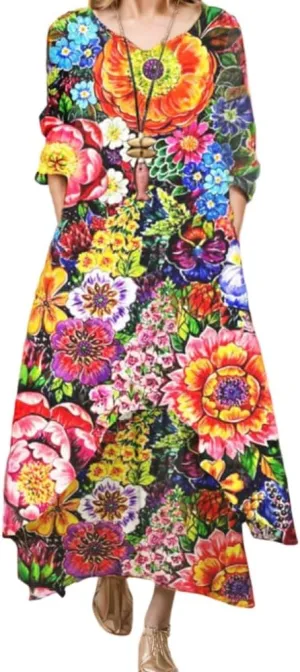 Women's Spring Linen Boho Floral Fake 2 Piece Irregular Hem Maxi Dress Summer Crewneck 3/4 Sleeve Dresses with Pocket