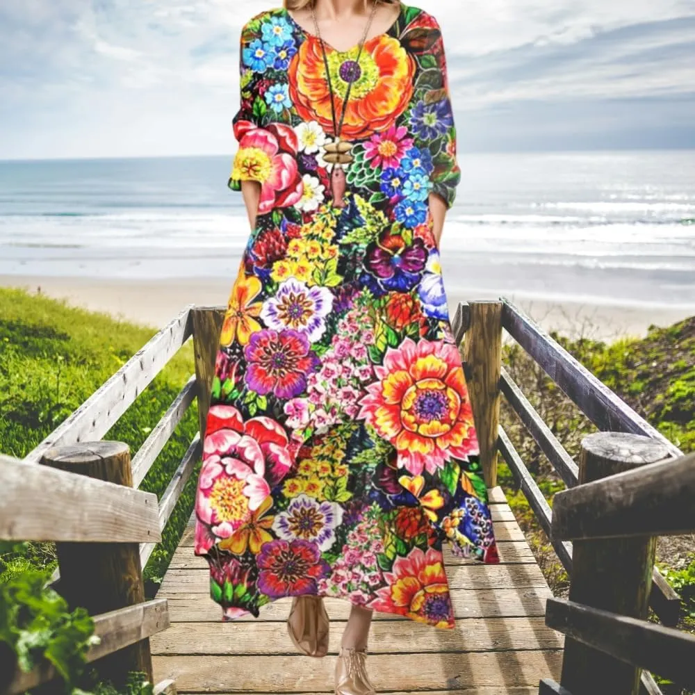 Women's Spring Linen Boho Floral Fake 2 Piece Irregular Hem Maxi Dress Summer Crewneck 3/4 Sleeve Dresses with Pocket