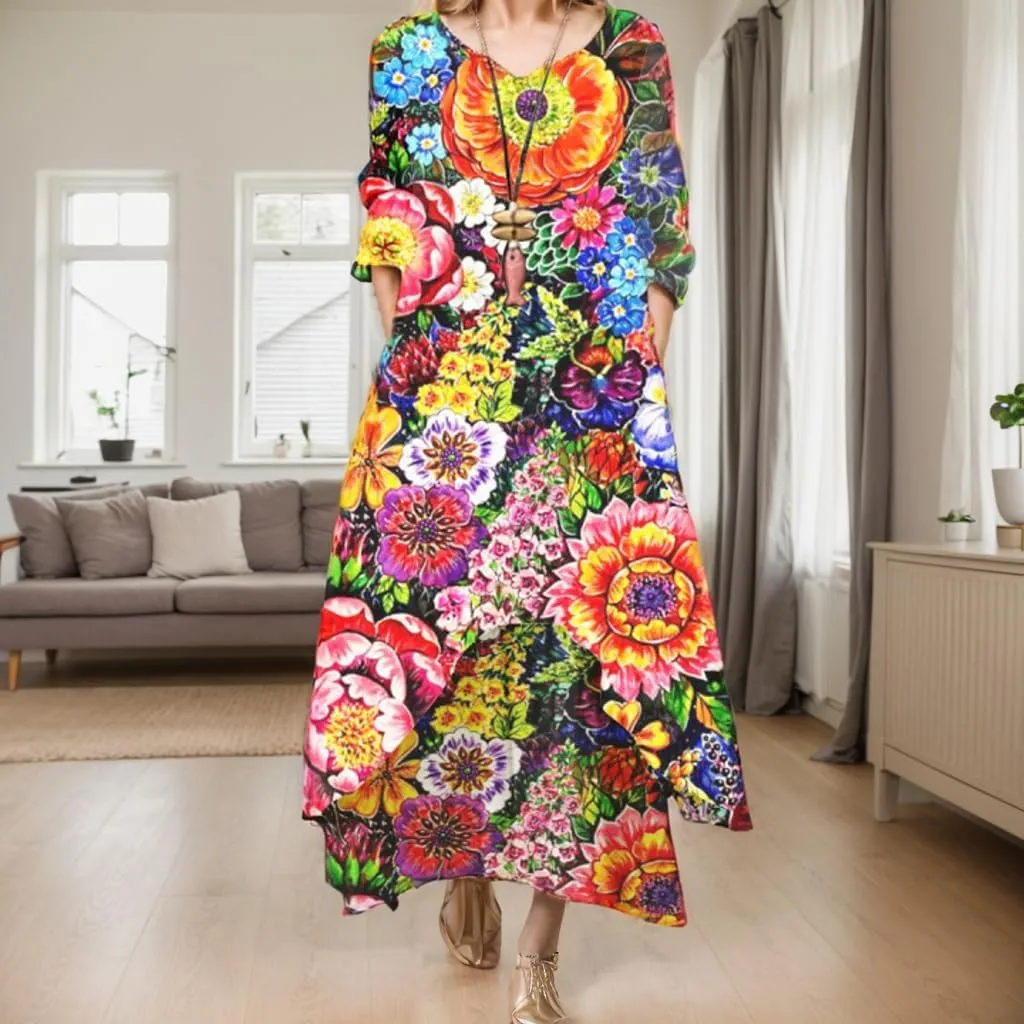 Women's Spring Linen Boho Floral Fake 2 Piece Irregular Hem Maxi Dress Summer Crewneck 3/4 Sleeve Dresses with Pocket