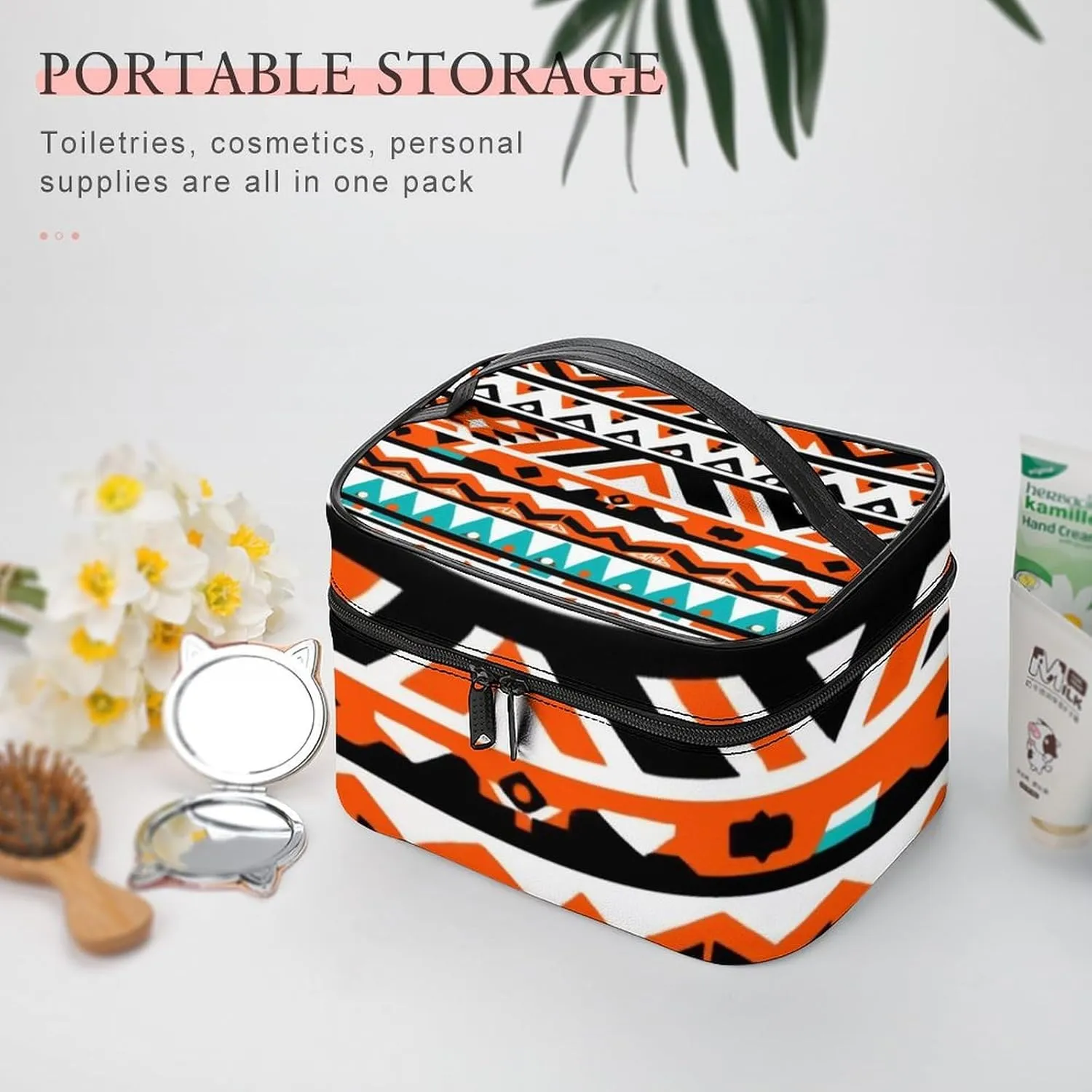 Women's Travel Makeup Bag, Large Capacity Cosmetic Organizer Case Indiana Western Southwest Tribal Ethnic Aztec Geometric Toiletry Bag with Zipper Pouch