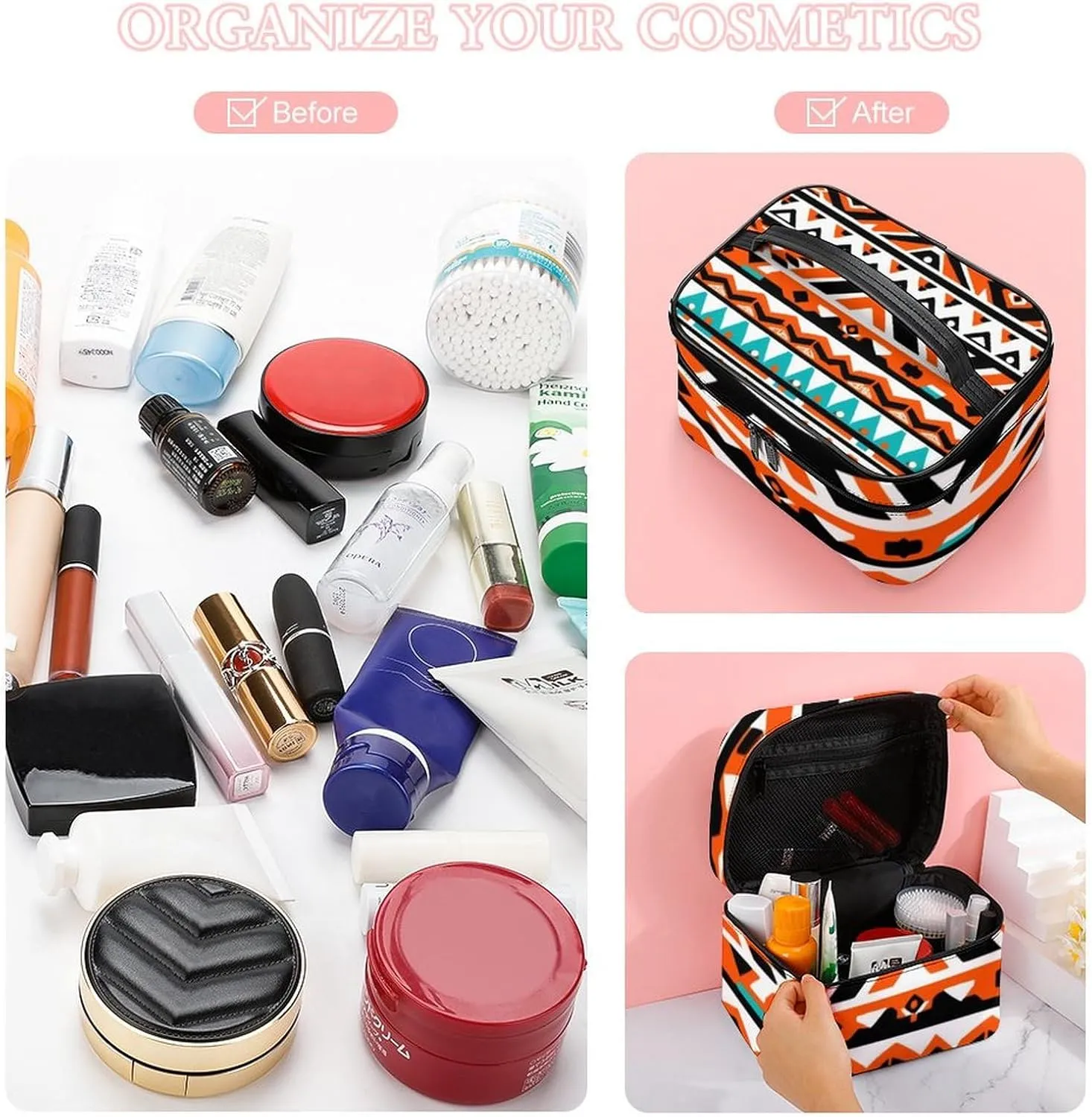 Women's Travel Makeup Bag, Large Capacity Cosmetic Organizer Case Indiana Western Southwest Tribal Ethnic Aztec Geometric Toiletry Bag with Zipper Pouch