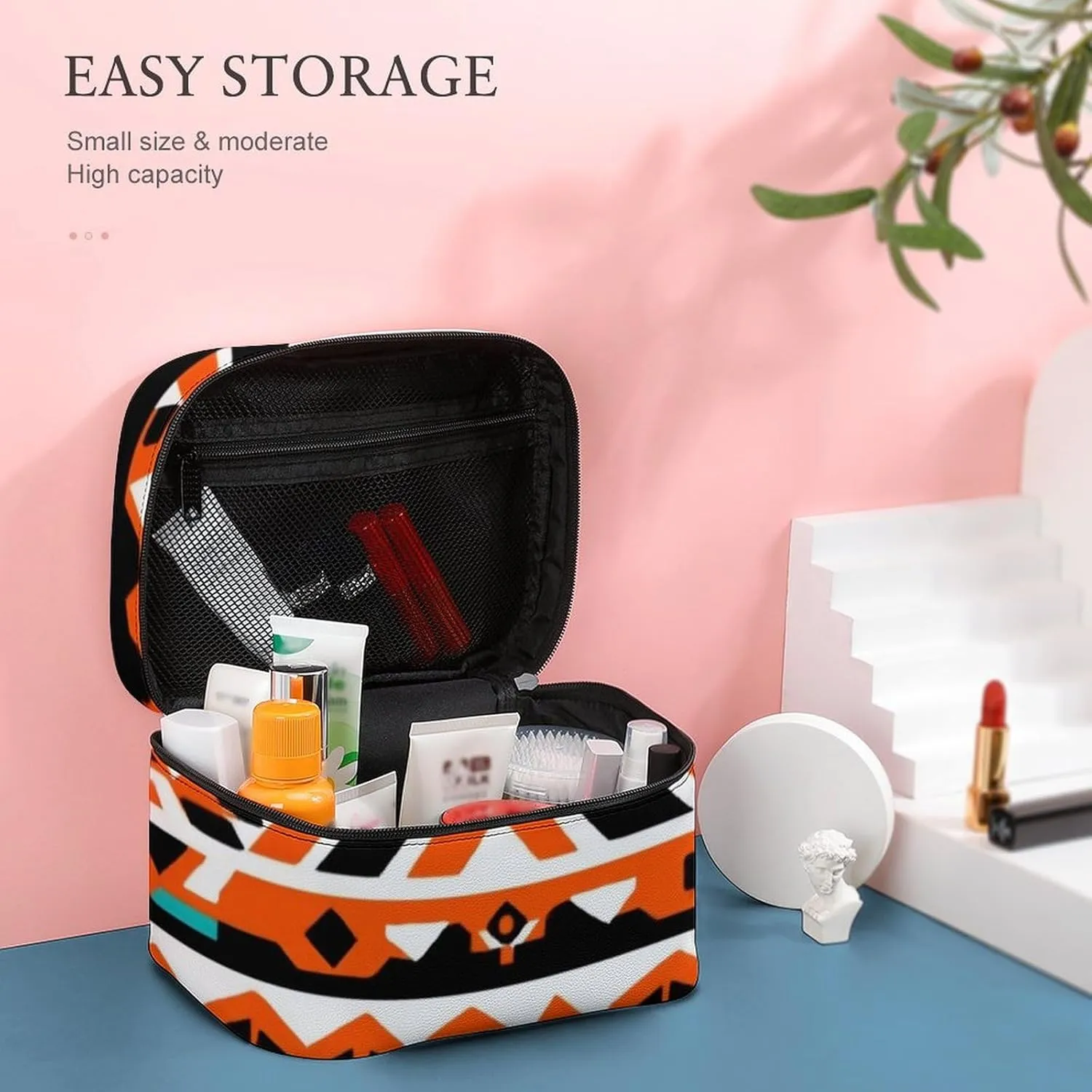 Women's Travel Makeup Bag, Large Capacity Cosmetic Organizer Case Indiana Western Southwest Tribal Ethnic Aztec Geometric Toiletry Bag with Zipper Pouch