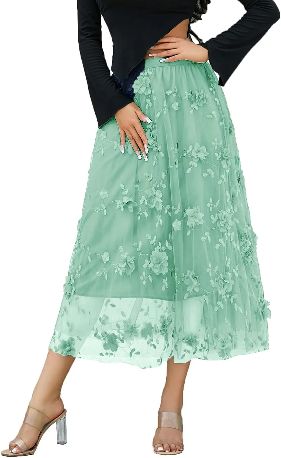 Women's Tutu Tulle Skirt Elastic High Waist Layered Midi Skirt Floral Lace Embroidery Mesh A-Line Skirt