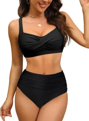 Women's Twist Front Full Coverage Swimsuit V Neck Padded High Waisted Ruched Bikini Set Two Piece Bathing Suit
