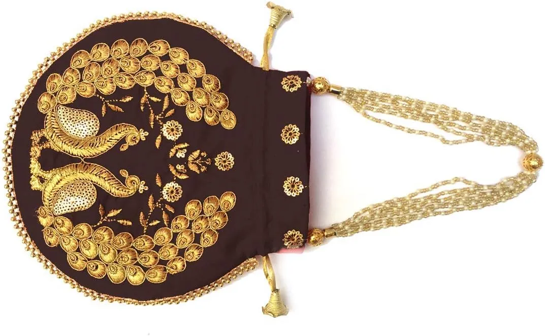Women's Velvet Embroidered Potli Bag Purse Pouch Drawstring Bag Golden Work Wedding Gift for Women