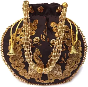 Women's Velvet Embroidered Potli Bag Purse Pouch Drawstring Bag Golden Work Wedding Gift for Women