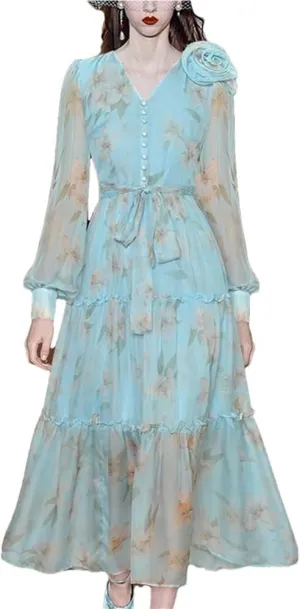 Women's Vintage Floral Maxi Dress V-Neck Lantern Sleeve Applique Button Tie Fitted Spring Party Gown