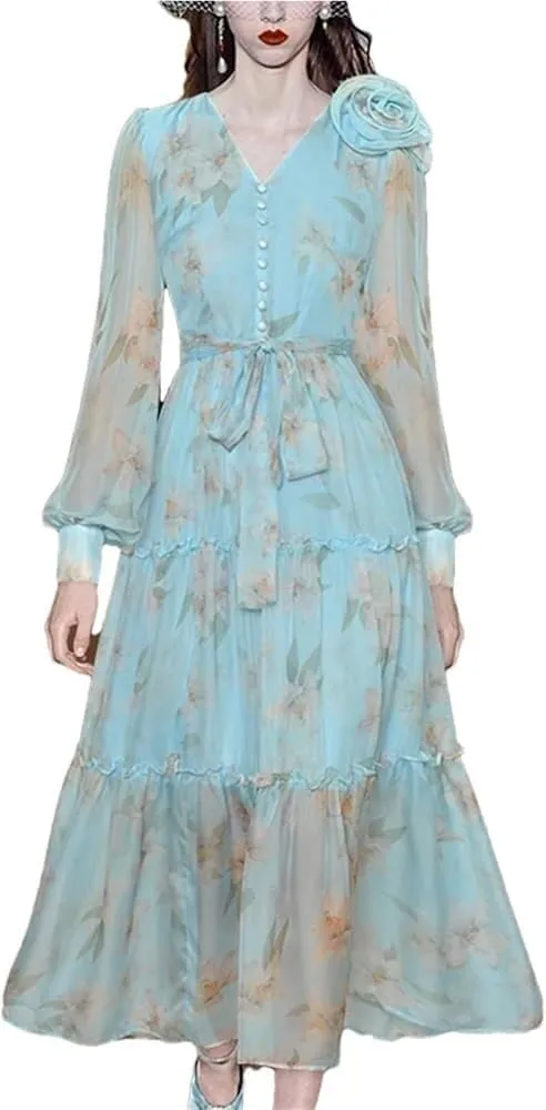 Women's Vintage Floral Maxi Dress V-Neck Lantern Sleeve Applique Button Tie Fitted Spring Party Gown