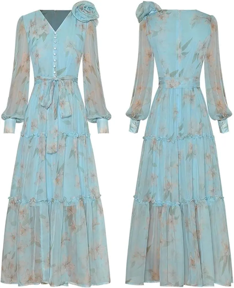 Women's Vintage Floral Maxi Dress V-Neck Lantern Sleeve Applique Button Tie Fitted Spring Party Gown