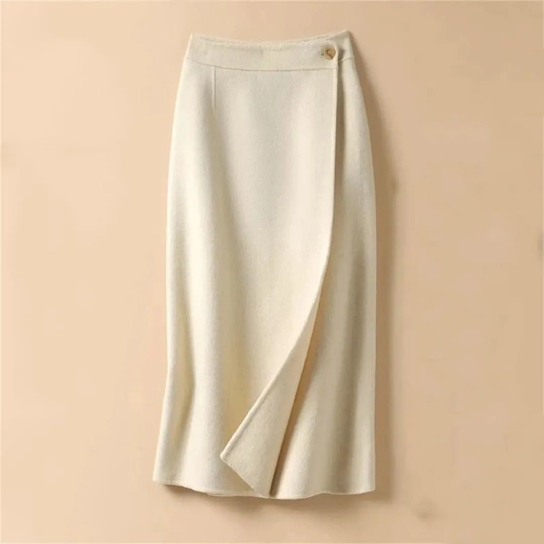 Women's Winter Solid Button Patchwor High Waist Mid-Length Knitted Bag Hip Skirt