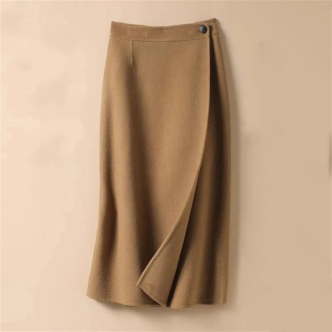 Women's Winter Solid Button Patchwor High Waist Mid-Length Knitted Bag Hip Skirt