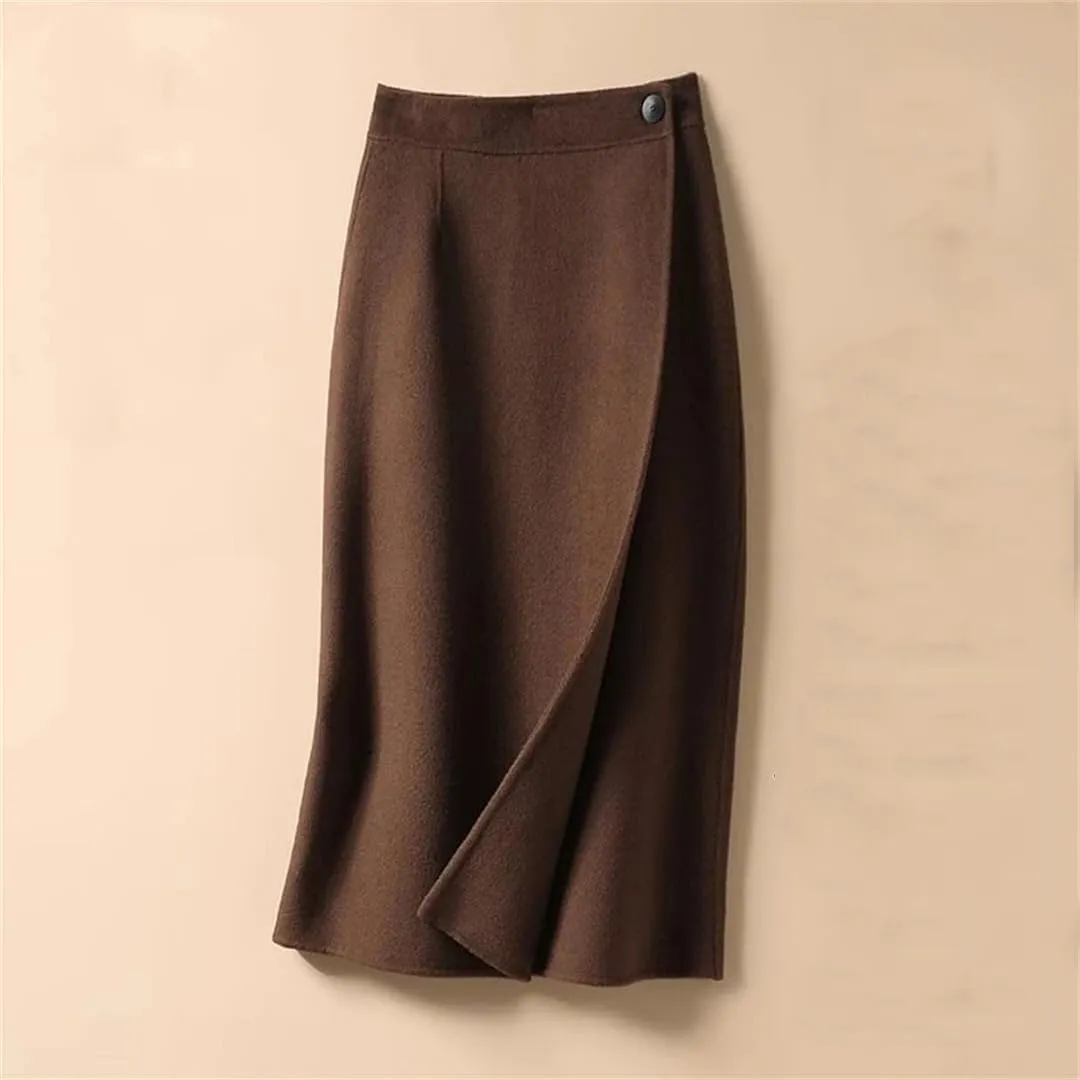 Women's Winter Solid Button Patchwor High Waist Mid-Length Knitted Bag Hip Skirt