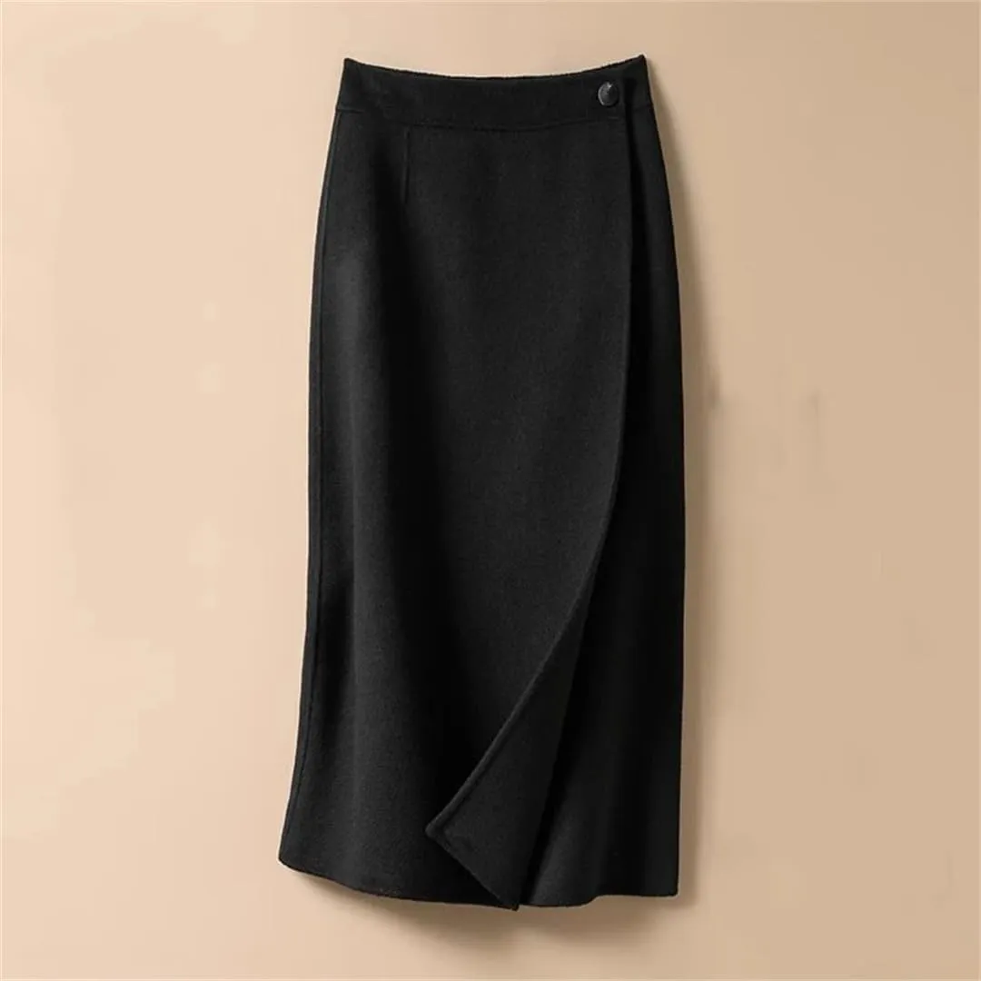 Women's Winter Solid Button Patchwor High Waist Mid-Length Knitted Bag Hip Skirt