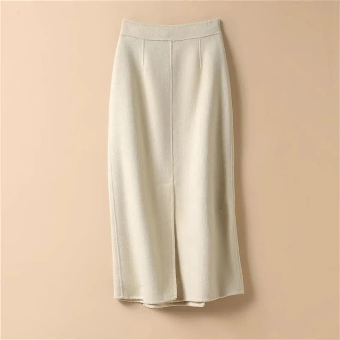 Women's Winter Solid Button Patchwor High Waist Mid-Length Knitted Bag Hip Skirt