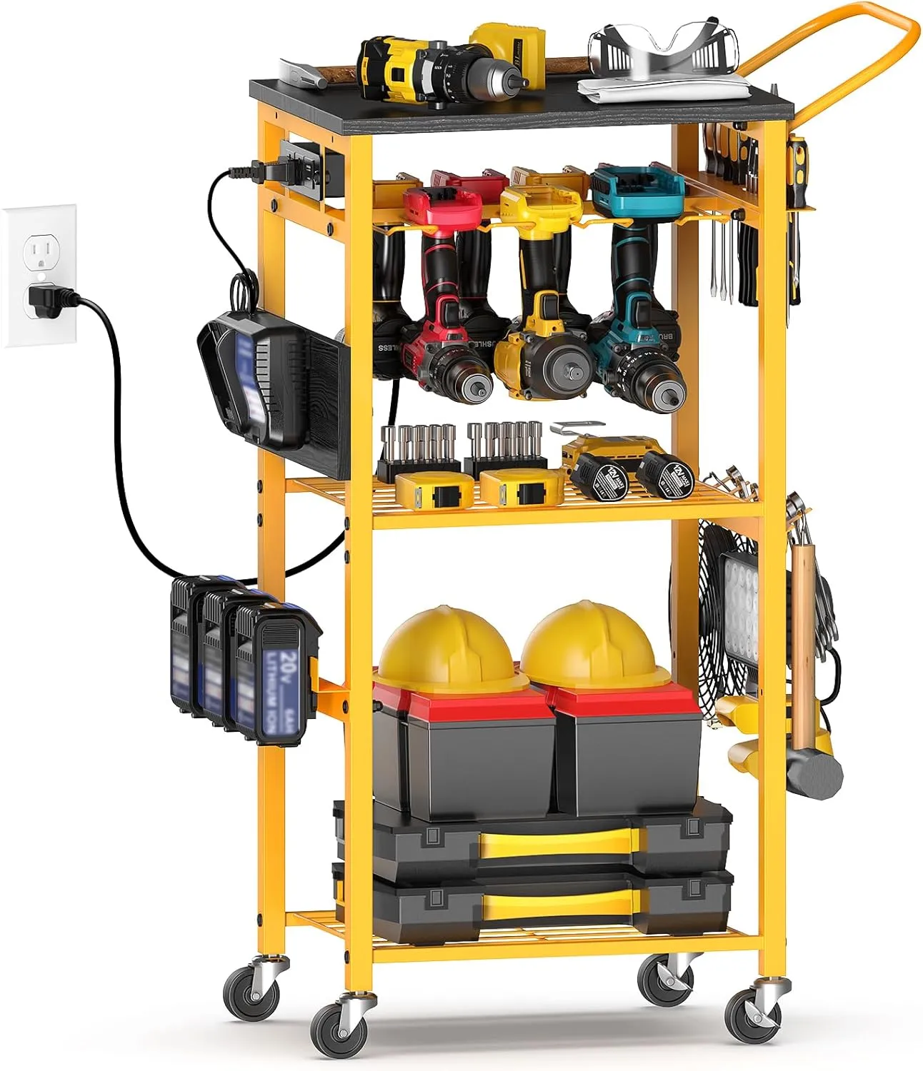 Workbench with Pegboard for DeWalt Tools, Ferreteriai Work Bench Power Tools Organizer Cart Garage Storage with Wheels & Power Outlets, Large Utility Racks Shelf Birthday Gifts for Men Husband Dad