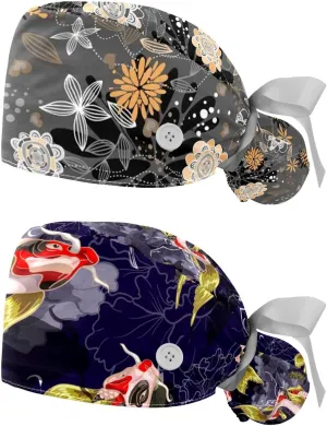 Working Hat with Buttons & Ribbon Ties for Women 2 Packs, White Lily Floral Adjustable Unisex Surgical Scrub Caps