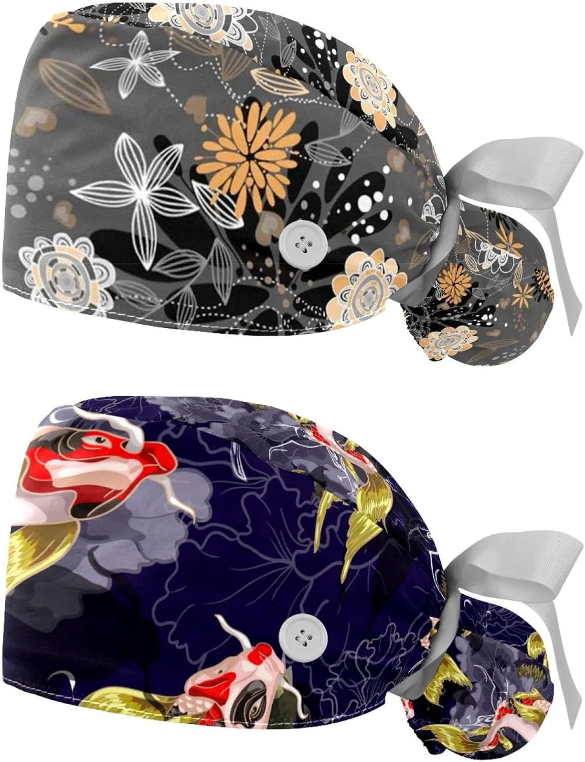 Working Hat with Buttons & Ribbon Ties for Women 2 Packs, White Lily Floral Adjustable Unisex Surgical Scrub Caps