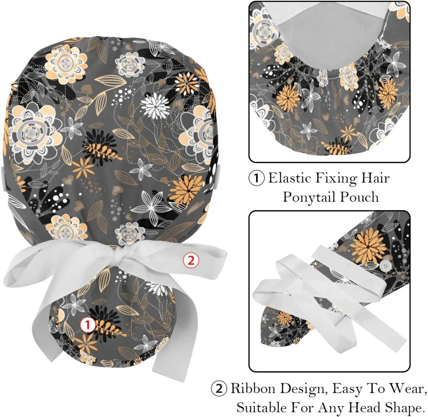 Working Hat with Buttons & Ribbon Ties for Women 2 Packs, White Lily Floral Adjustable Unisex Surgical Scrub Caps