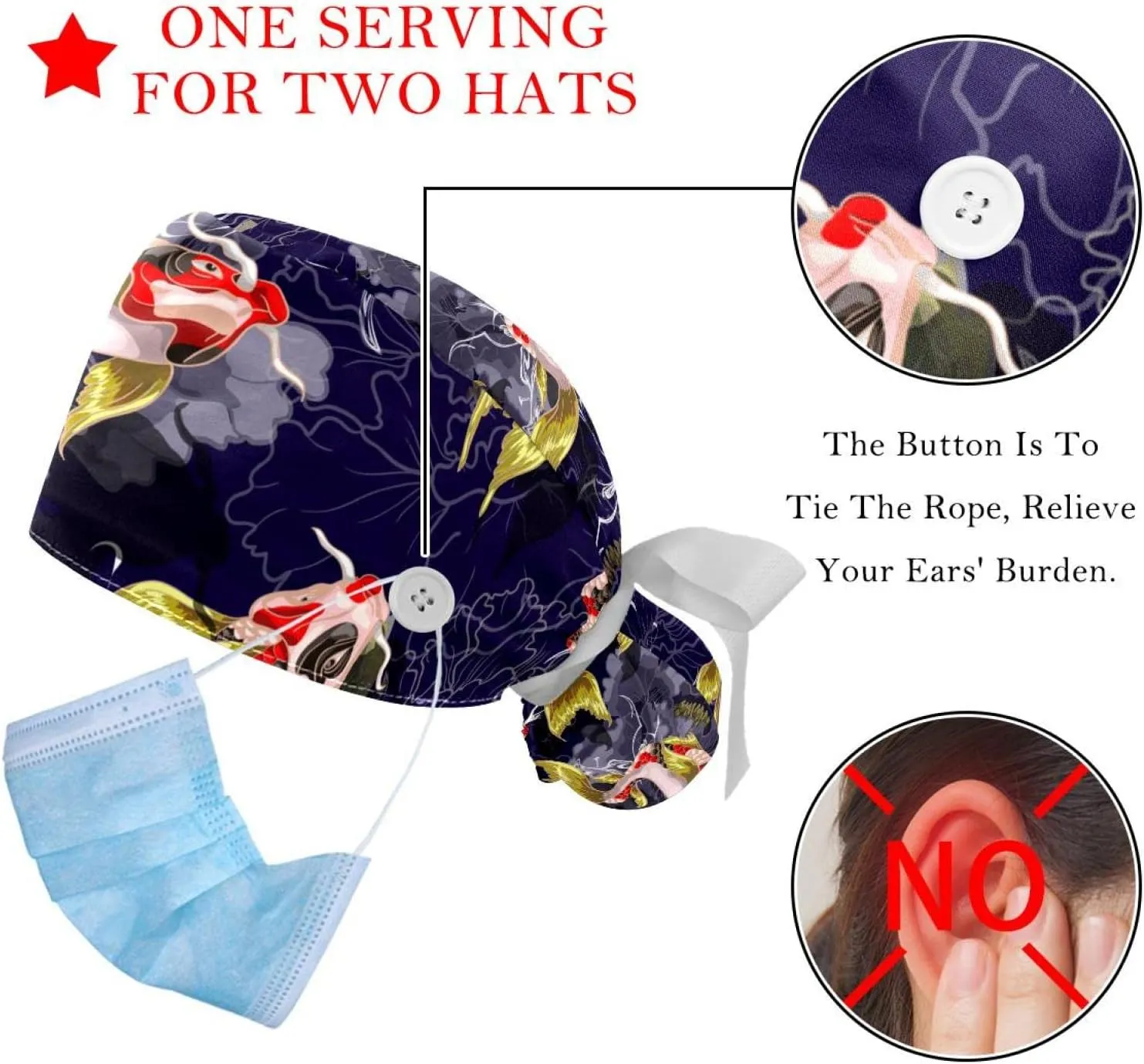Working Hat with Buttons & Ribbon Ties for Women 2 Packs, White Lily Floral Adjustable Unisex Surgical Scrub Caps