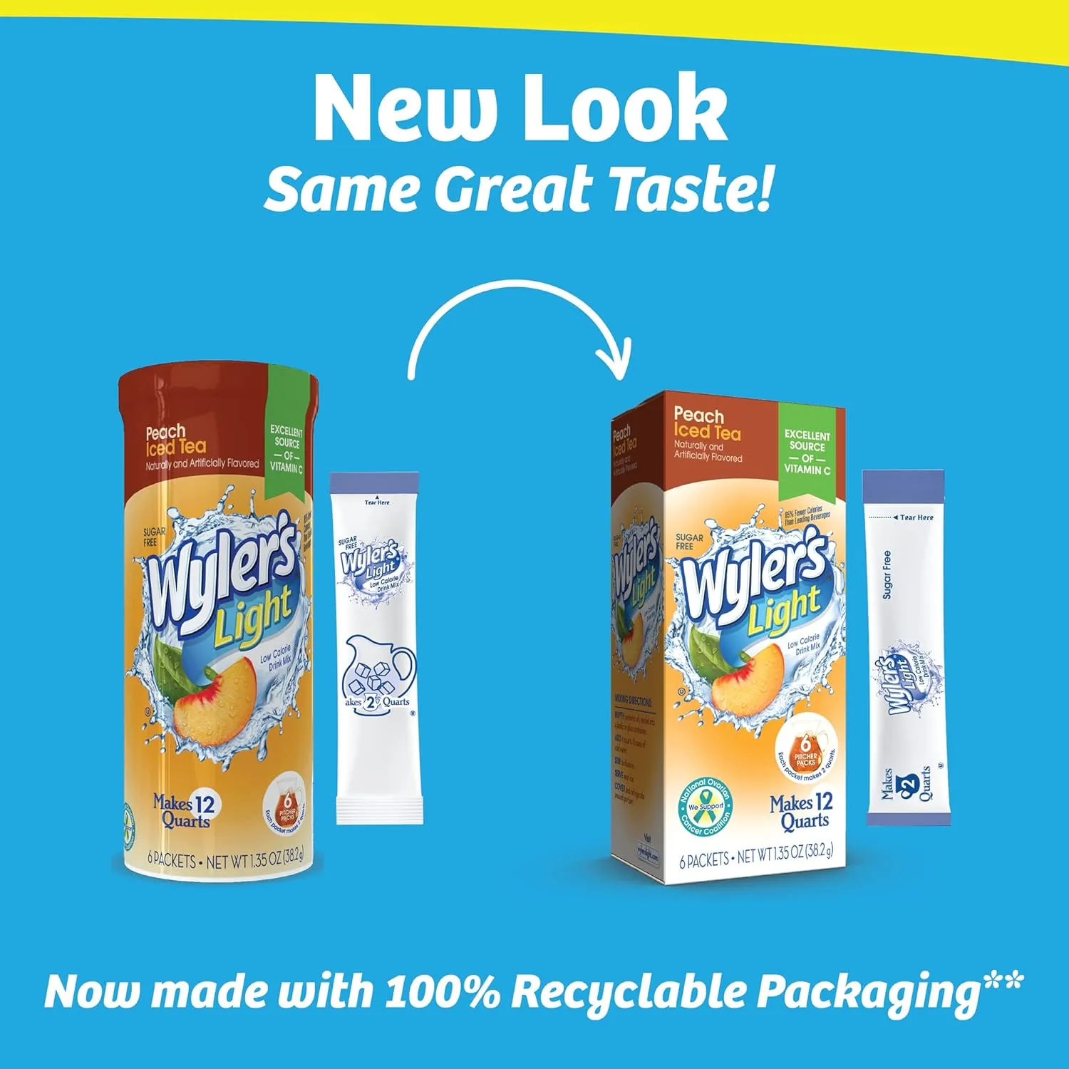 Wyler's Light Pitcher Packs, Water Drink Mix, Peach Iced Tea, 6 Boxes (36 Pitcher Packets)