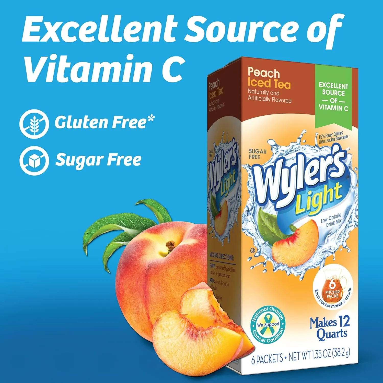 Wyler's Light Pitcher Packs, Water Drink Mix, Peach Iced Tea, 6 Boxes (36 Pitcher Packets)