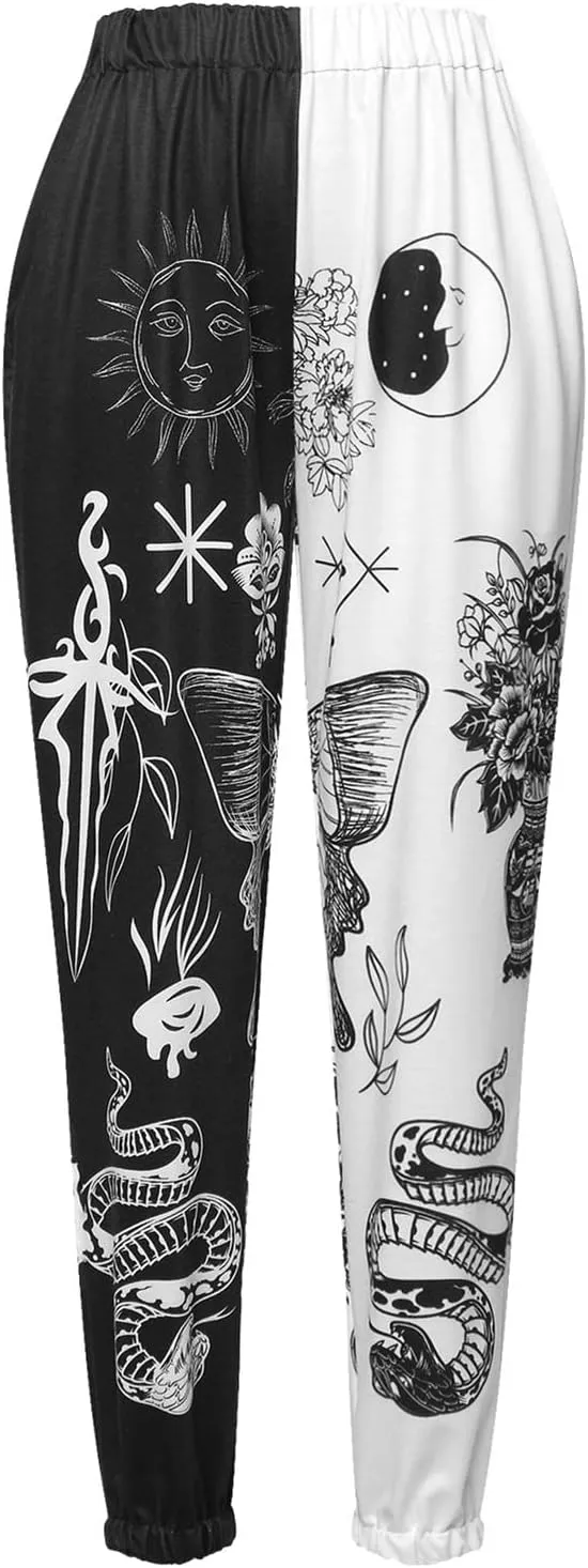 XFLnaraz Women's Fashion Printed Jogger Pants Elastic Waist Color Block Street Loose Sweatpants with Pockets