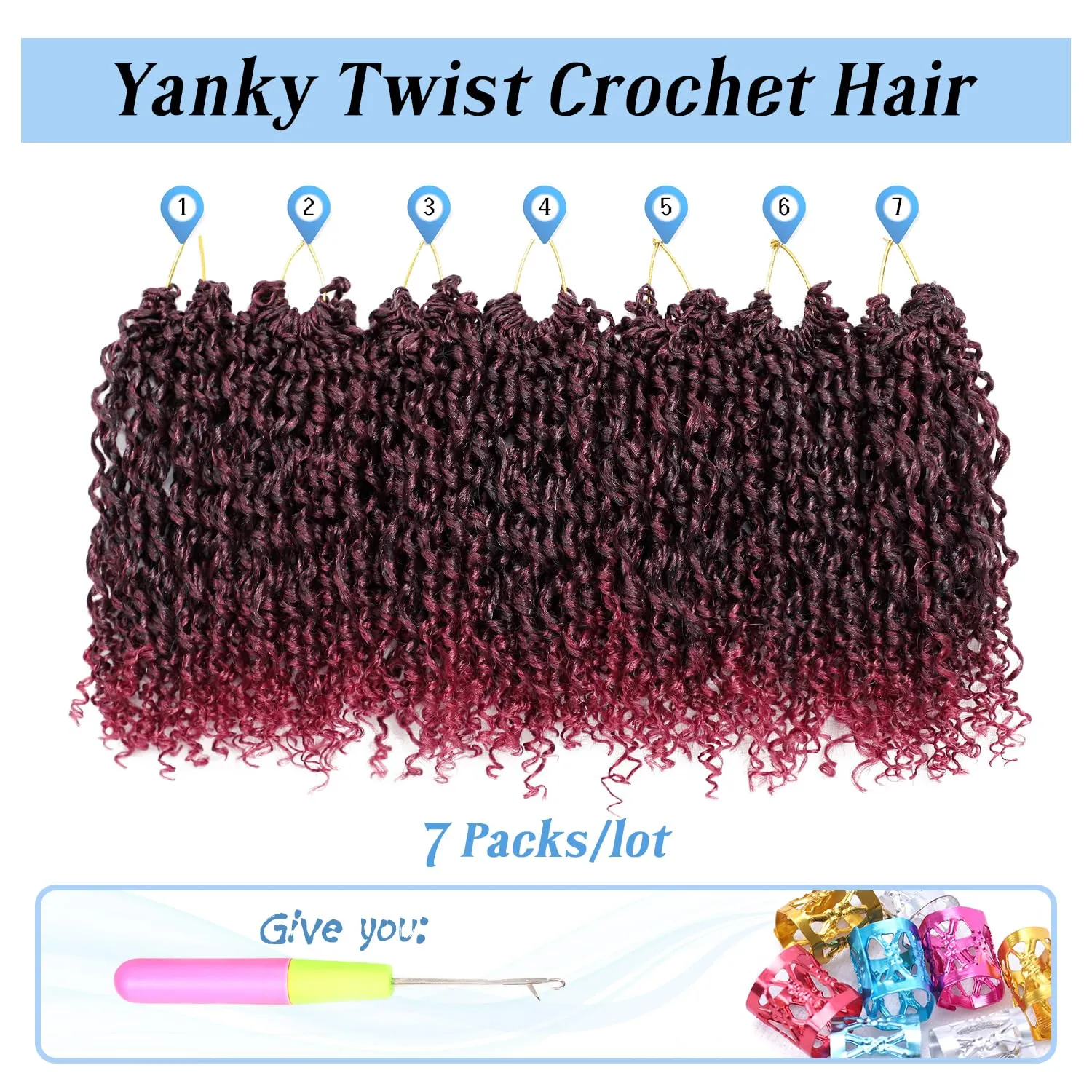 Yanky Twist Crochet Hair 8 Inch Pre Looped Curly Ends Burgundy Passion Twist & Mini Twist Styles 7 Packs Synthetic Hair Extensions for Women, 1B/Bug