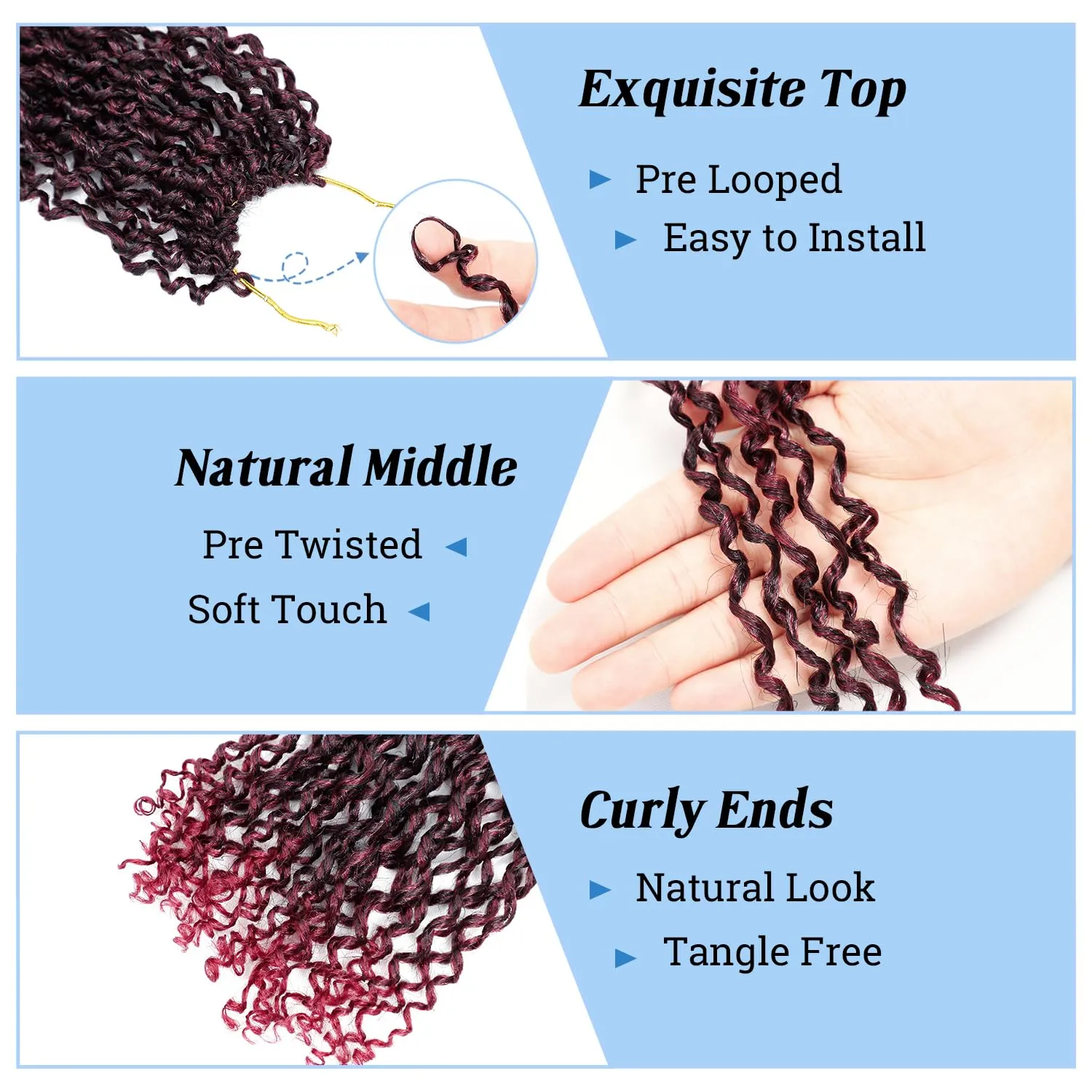 Yanky Twist Crochet Hair 8 Inch Pre Looped Curly Ends Burgundy Passion Twist & Mini Twist Styles 7 Packs Synthetic Hair Extensions for Women, 1B/Bug