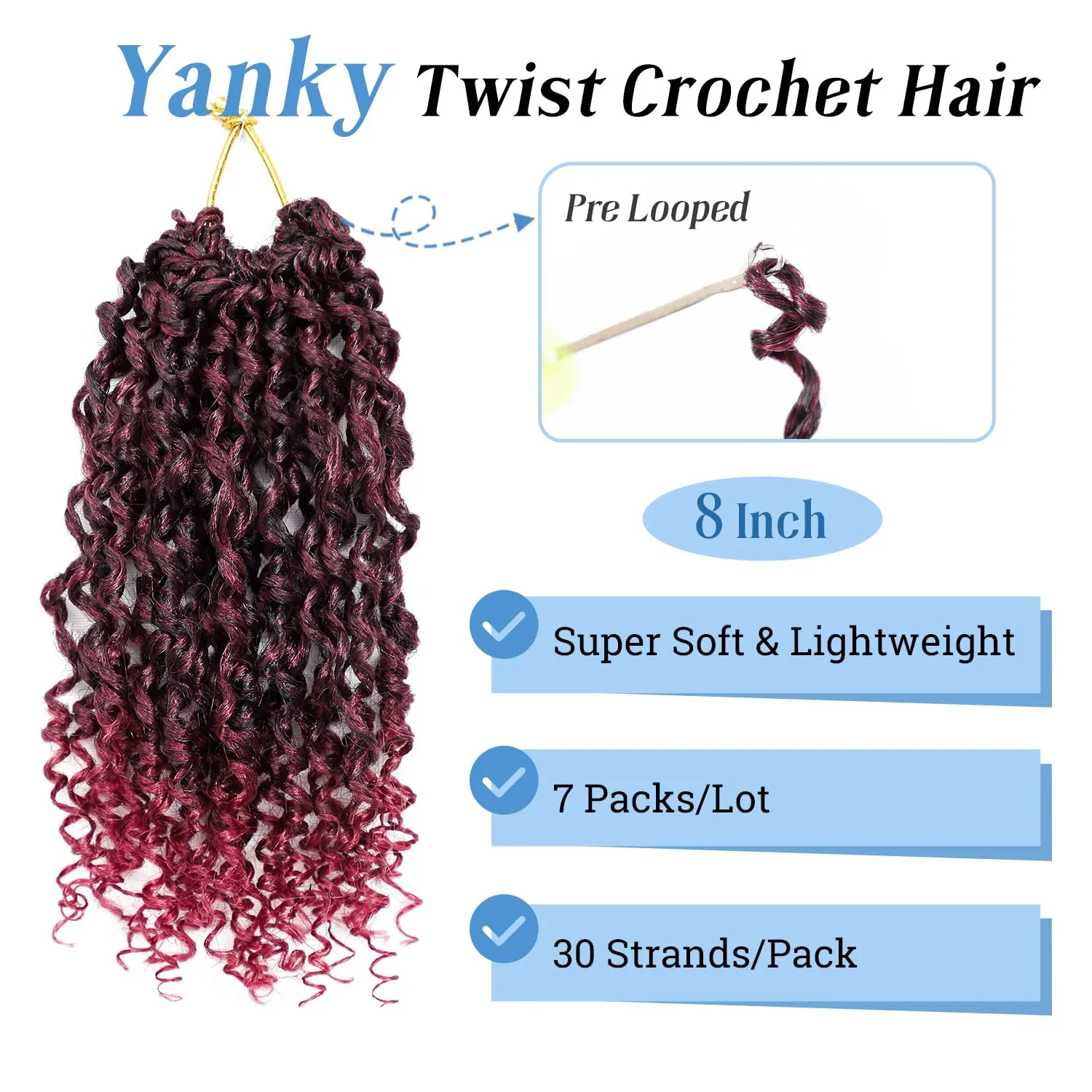 Yanky Twist Crochet Hair 8 Inch Pre Looped Curly Ends Burgundy Passion Twist & Mini Twist Styles 7 Packs Synthetic Hair Extensions for Women, 1B/Bug