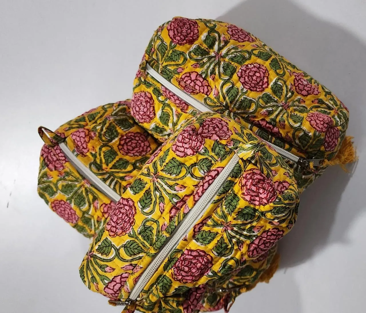 Yellow With Pink Flower Print Pouch Set