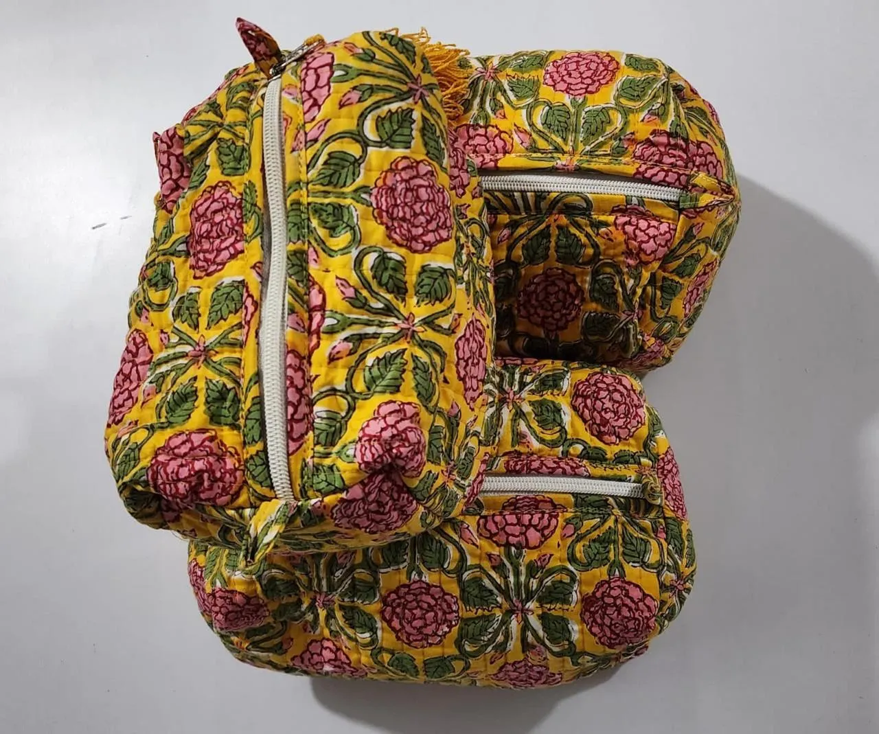 Yellow With Pink Flower Print Pouch Set