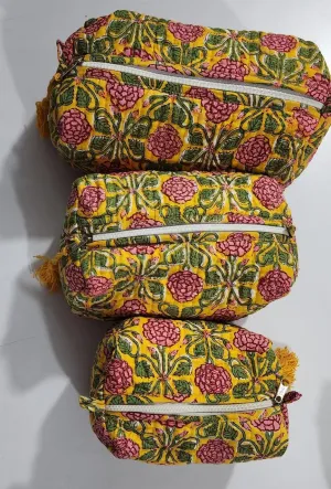 Yellow With Pink Flower Print Pouch Set