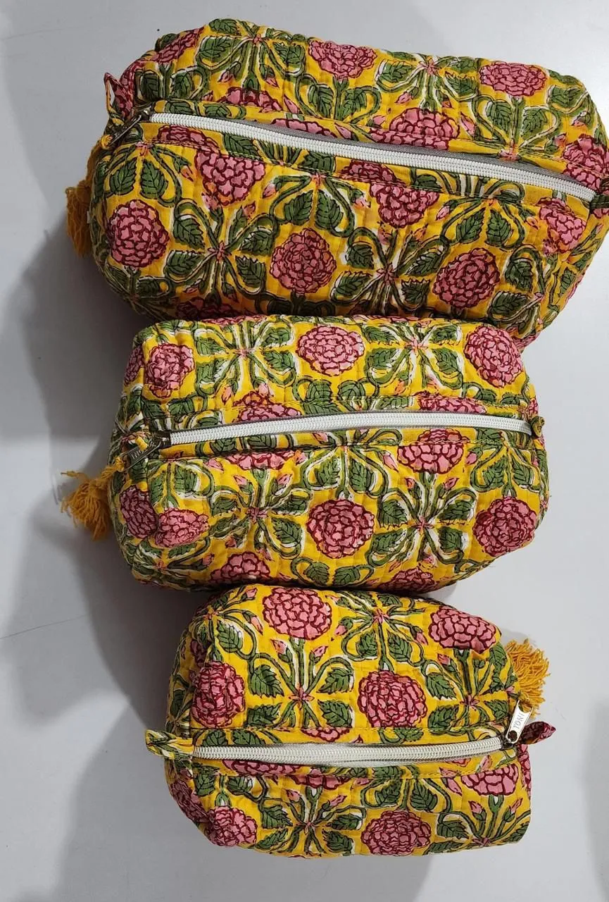 Yellow With Pink Flower Print Pouch Set