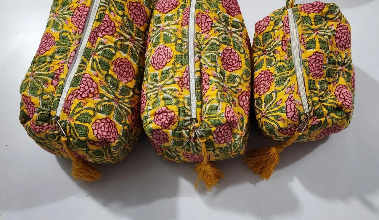 Yellow With Pink Flower Print Pouch Set