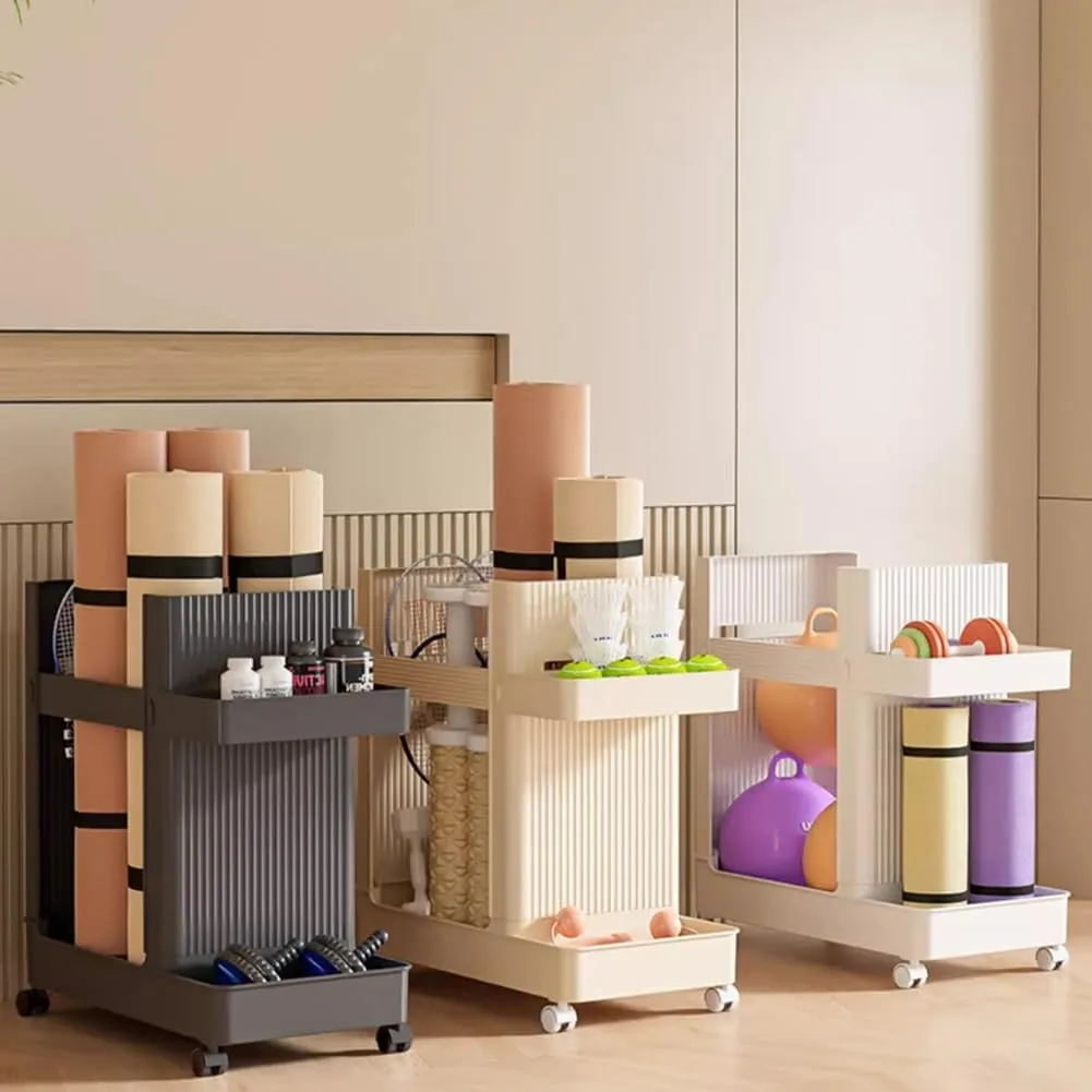 Yoga Mat Storage Rack, Home Gym Storage Rack Bascket on Wheels Utility Cart, Workout Equipment Yoga Mat Holder for Yoga Mat/Foam Roller/Yoga Blocks, Space Saving(Beige)