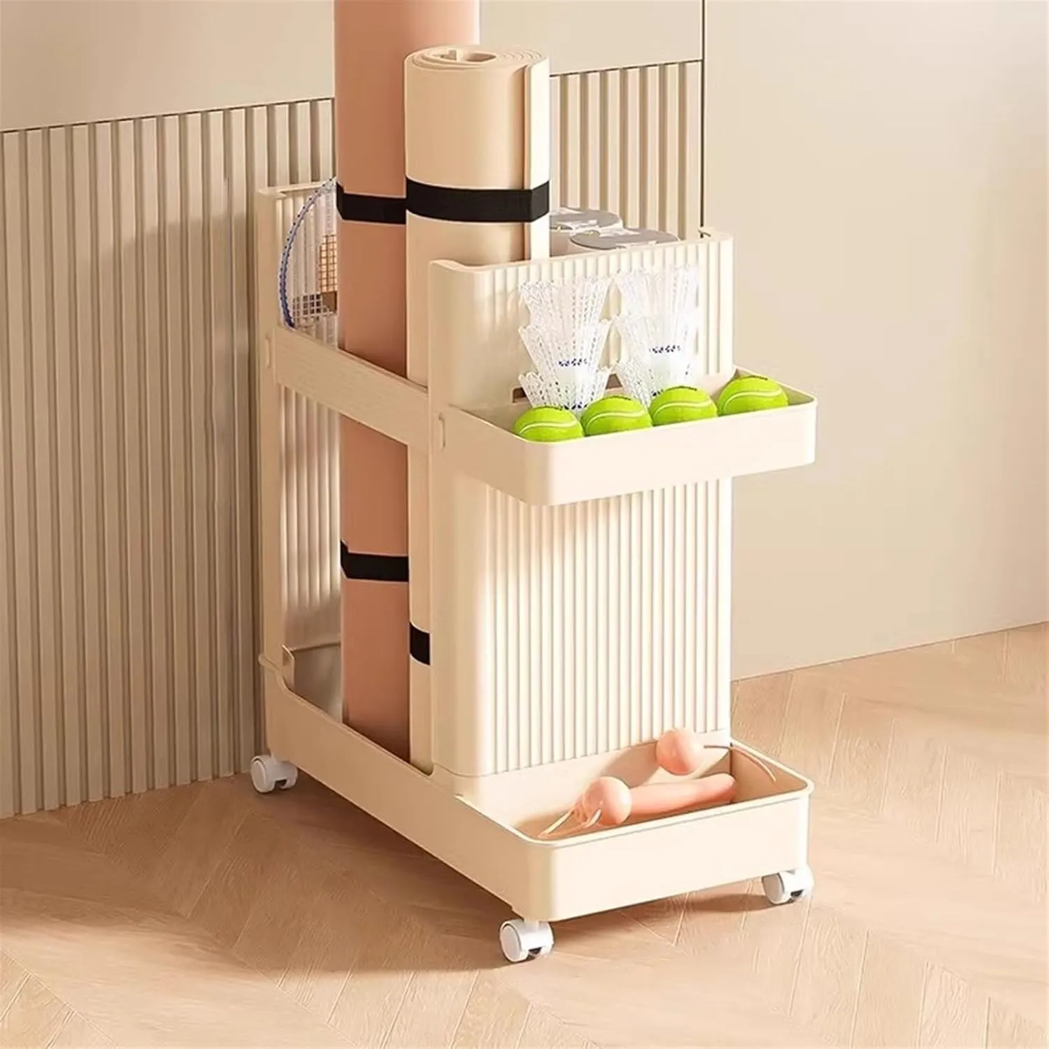 Yoga Mat Storage Rack, Home Gym Storage Rack Bascket on Wheels Utility Cart, Workout Equipment Yoga Mat Holder for Yoga Mat/Foam Roller/Yoga Blocks, Space Saving(Beige)