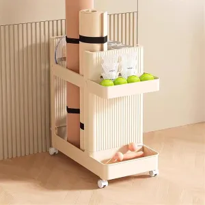 Yoga Mat Storage Rack, Home Gym Storage Rack Bascket on Wheels Utility Cart, Workout Equipment Yoga Mat Holder for Yoga Mat/Foam Roller/Yoga Blocks, Space Saving(Beige)