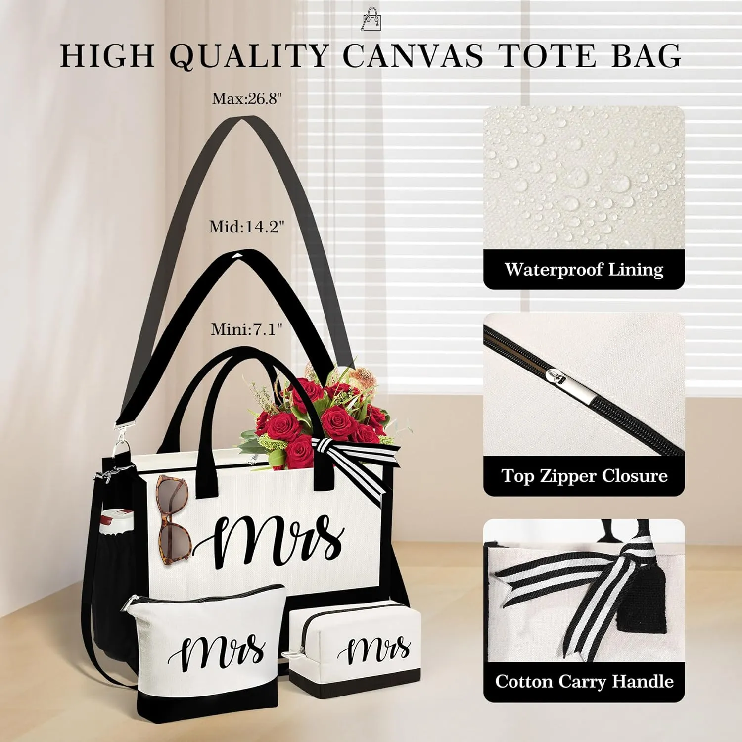 YOOLIFE Initial Canvas Tote Bag & Makeup Bag, Personalized Birthday Gifts for Women Mom Daughter Sister Friends Teacher, Bridesmaid Wedding Gifts