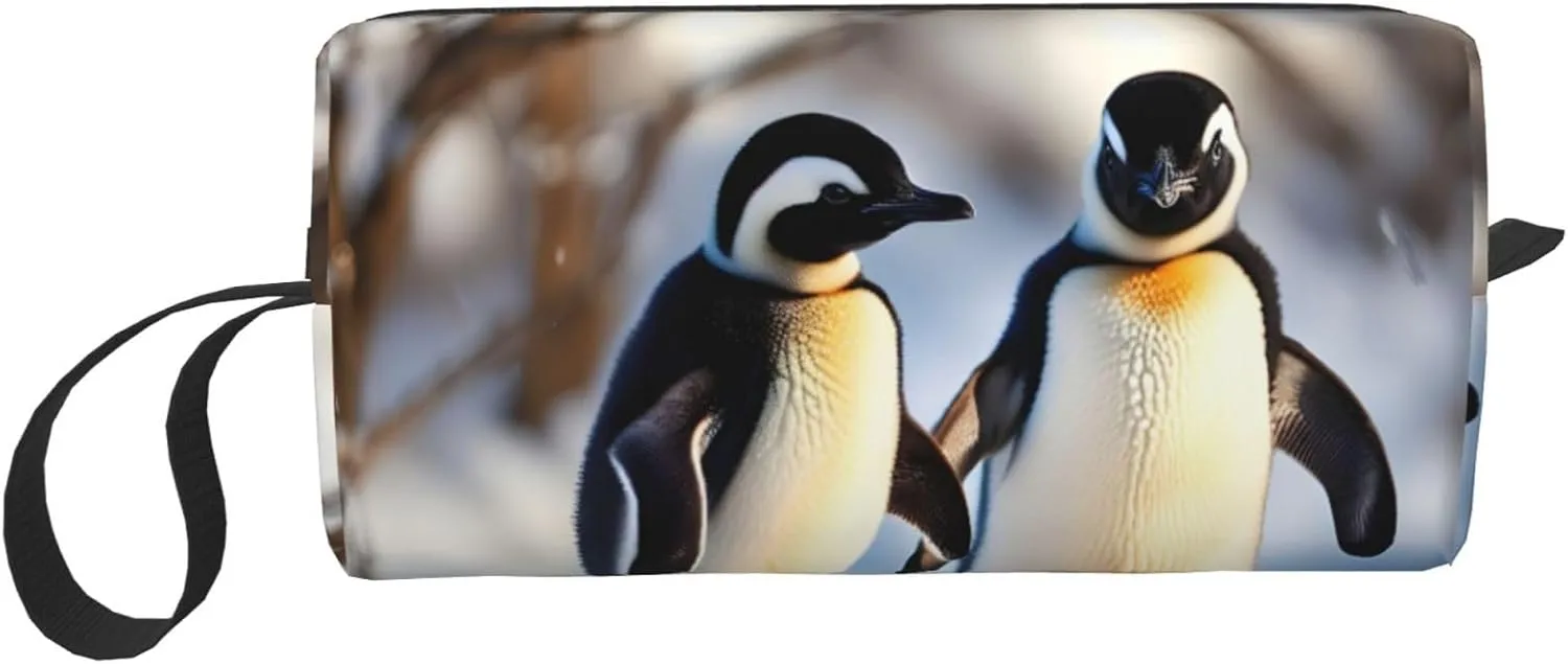 Young Penguins With Snow print Multi-Purpose Cosmetic Bag with Zipper Canvas Makeup Bag, Travel Toiletry Pouch, Pencil Bag